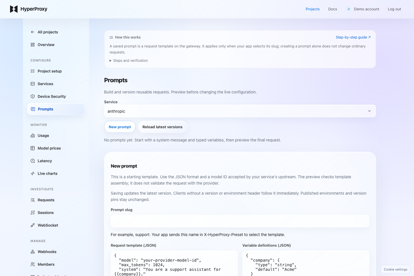 Prompt editor showing the request template and variable definitions, with the current service and assembly preview workflow