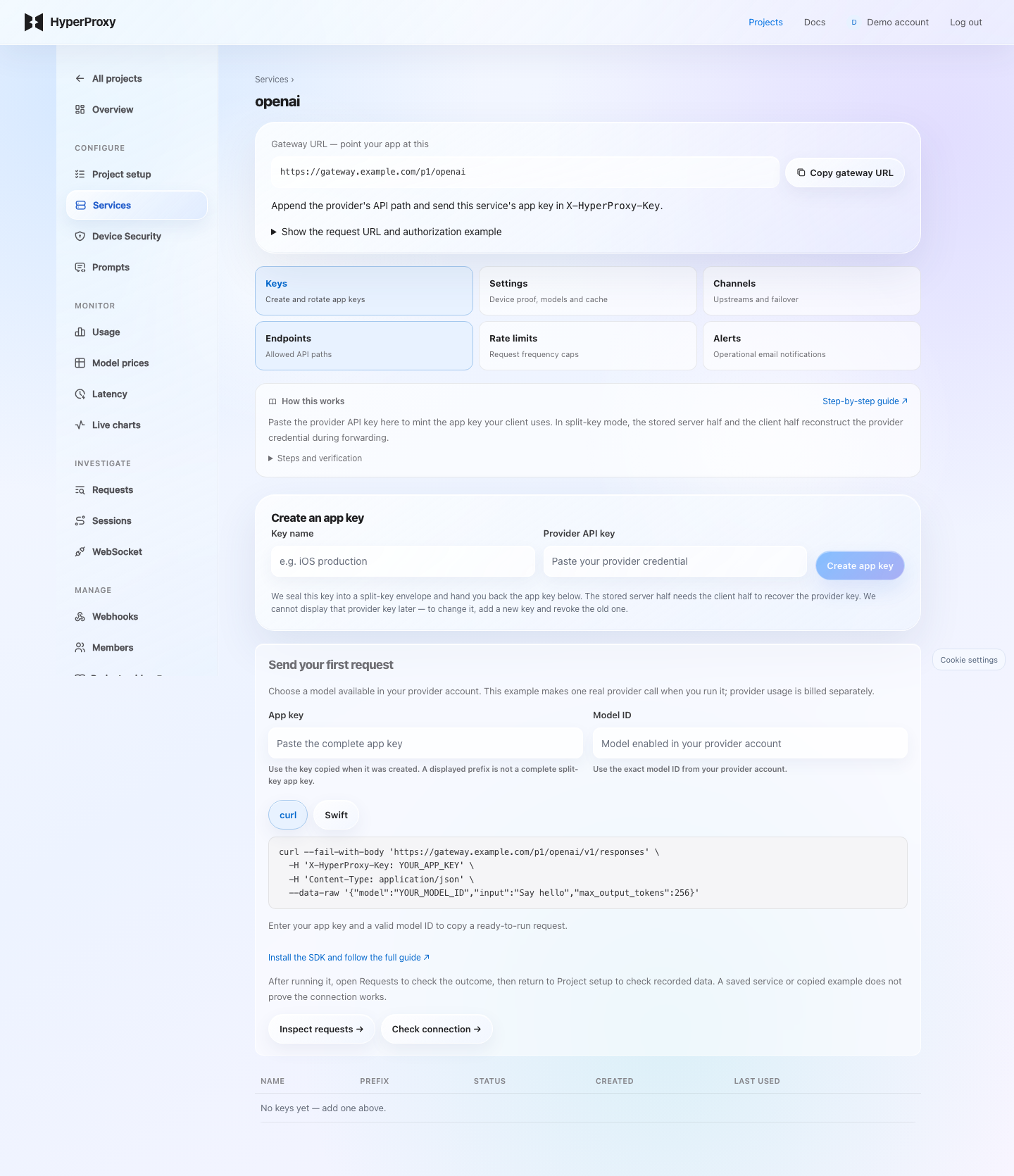 Service Keys page with the gateway URL, six labelled service sections and the split-key setup guide
