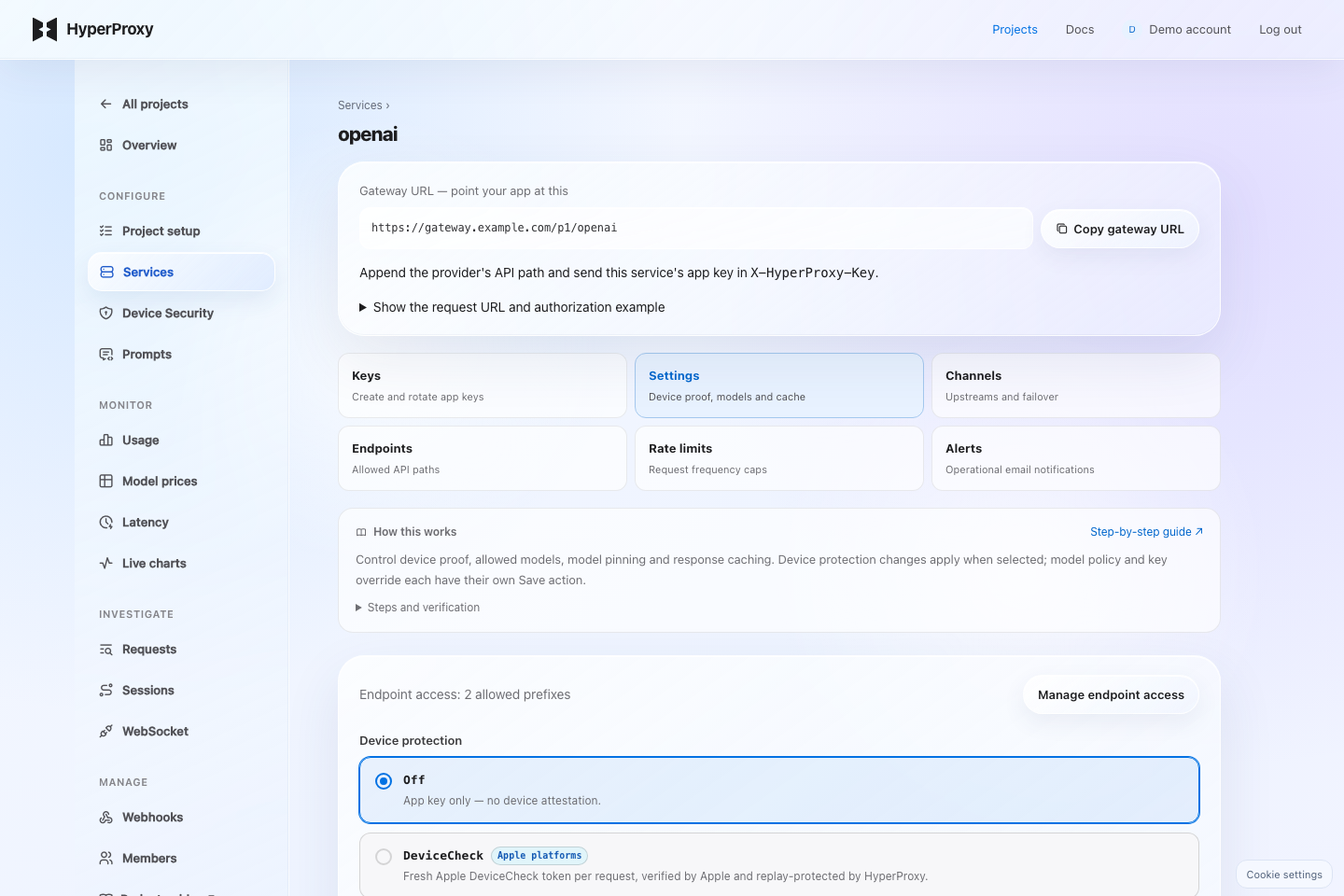 Service Settings showing device protection choices and the contextual steps and verification guide